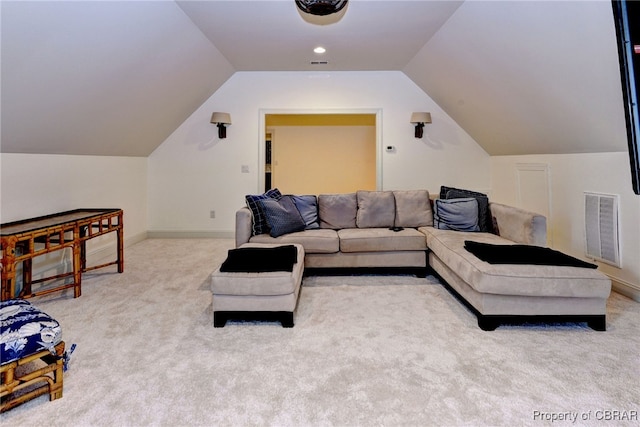 1921 Miln House Rd, Williamsburg, VA 23185 - living room featuring carpet flooring, vaulted ceiling, and baseboards