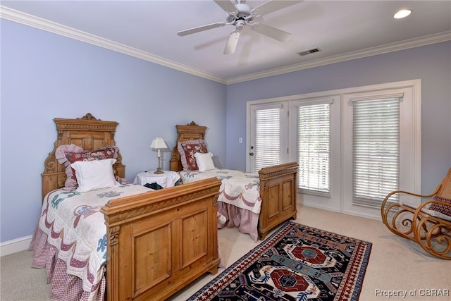 1921 Miln House Rd, Williamsburg, VA 23185 - bedroom with light carpet, access to exterior, ornamental molding, a ceiling fan, and baseboards