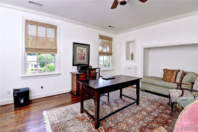 1921 Miln House Rd, Williamsburg, VA 23185 - office with a ceiling fan, wood finished floors, healthy amount of natural light, baseboards, and crown molding