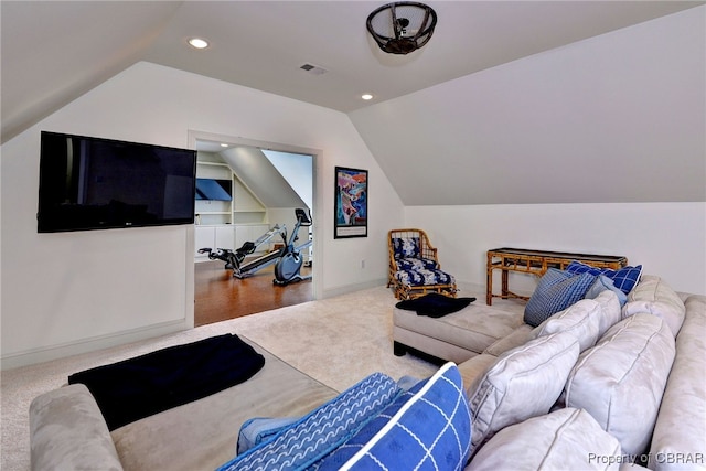 1921 Miln House Rd, Williamsburg, VA 23185 - living room featuring vaulted ceiling, carpet flooring, recessed lighting, and baseboards