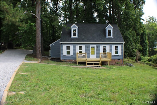 4201 Kempwood Pl, Chesterfield, VA 23832 - cape cod-style house with crawl space, a deck, a front lawn, roof with shingles, and view of scattered trees