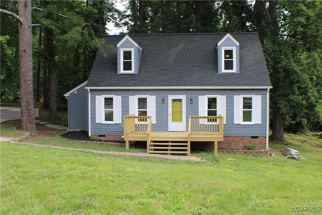 4201 Kempwood Pl, Chesterfield, VA 23832 - cape cod home with crawl space, a wooden deck, and a front lawn