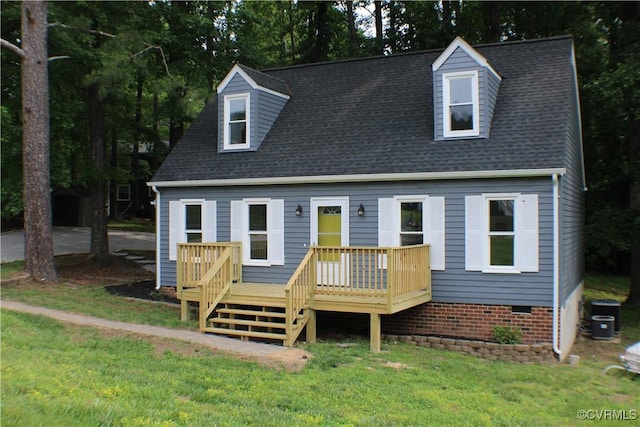 4201 Kempwood Pl, Chesterfield, VA 23832 - cape cod house with a wooden deck, a front lawn, crawl space, and a shingled roof