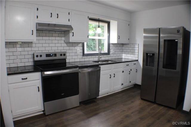 4201 Kempwood Pl, Chesterfield, VA 23832 - kitchen with appliances with stainless steel finishes, a sink, dark countertops, and under cabinet range hood