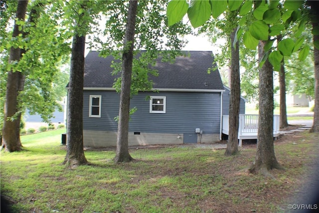 4201 Kempwood Pl, Chesterfield, VA 23832 - view of property exterior featuring roof with shingles, crawl space, a lawn, and a deck