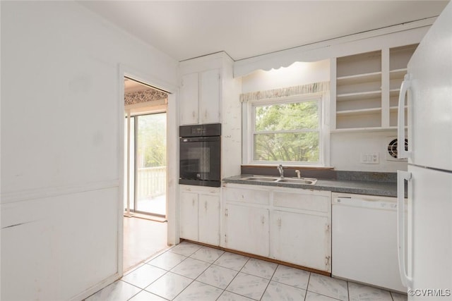 8005 Three Chopt Rd, Henrico, VA 23229 - kitchen featuring white appliances, dark countertops, white cabinets, a sink, and open shelves
