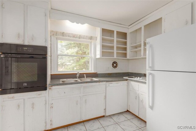 8005 Three Chopt Rd, Henrico, VA 23229 - kitchen with white appliances, a sink, open shelves, white cabinets, and dark countertops