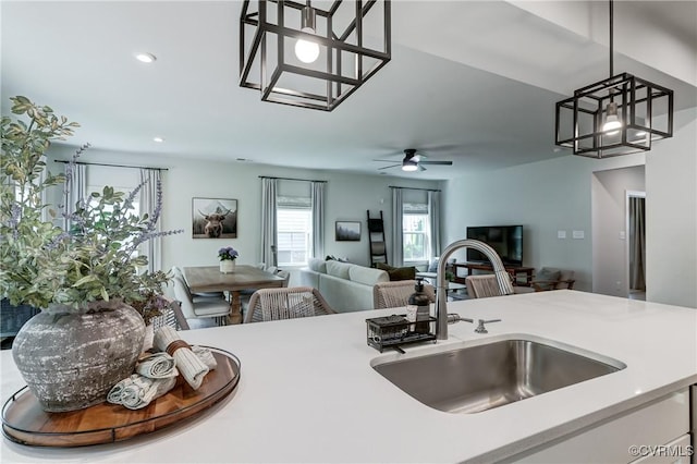18342 Magnolia Run Ln, Moseley, VA 23120 - kitchen featuring open floor plan, light countertops, pendant lighting, recessed lighting, and ceiling fan
