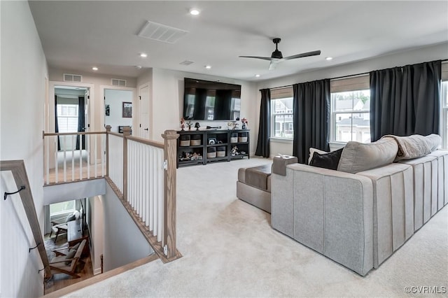 18342 Magnolia Run Ln, Moseley, VA 23120 - living area with light carpet, recessed lighting, and a ceiling fan