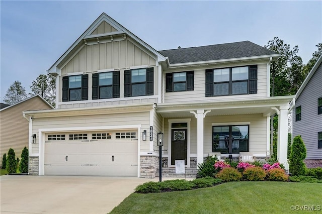 18342 Magnolia Run Ln, Moseley, VA 23120 - craftsman-style home with covered porch, an attached garage, board and batten siding, concrete driveway, and a front lawn