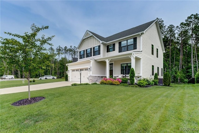 18342 Magnolia Run Ln, Moseley, VA 23120 - craftsman house featuring a garage, driveway, a front yard, and board and batten siding