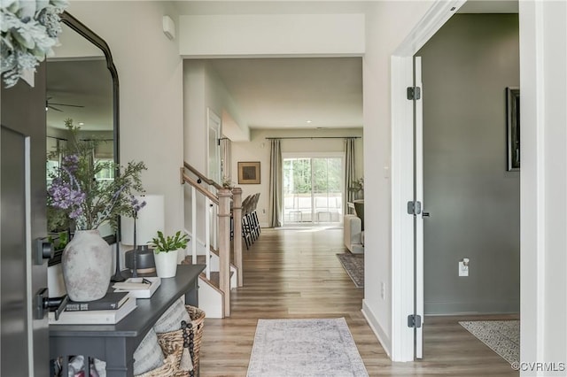 18342 Magnolia Run Ln, Moseley, VA 23120 - entrance foyer featuring a ceiling fan, wood finished floors, and stairs