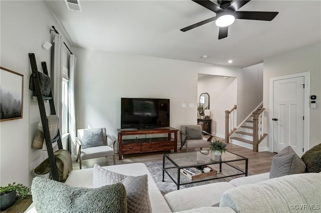 18342 Magnolia Run Ln, Moseley, VA 23120 - living area with stairway, a ceiling fan, wood finished floors, and recessed lighting