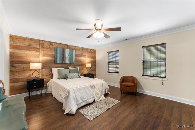 3104 1st Ave, Richmond, VA 23222 - bedroom with wooden walls, baseboards, wood finished floors, ornamental molding, and a ceiling fan