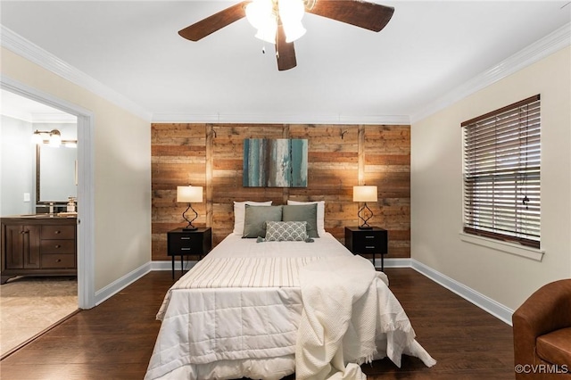 3104 1st Ave, Richmond, VA 23222 - bedroom with wooden walls, baseboards, an accent wall, wood finished floors, and crown molding