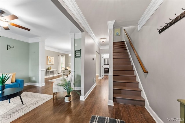 3104 1st Ave, Richmond, VA 23222 - stairs featuring ceiling fan, wood finished floors, ornamental molding, and baseboards