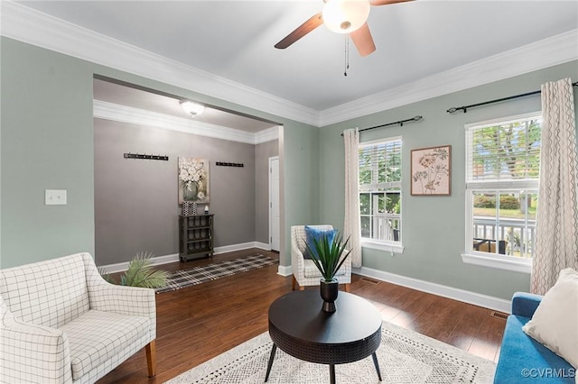 3104 1st Ave, Richmond, VA 23222 - living area featuring hardwood / wood-style flooring, ceiling fan, crown molding, and baseboards