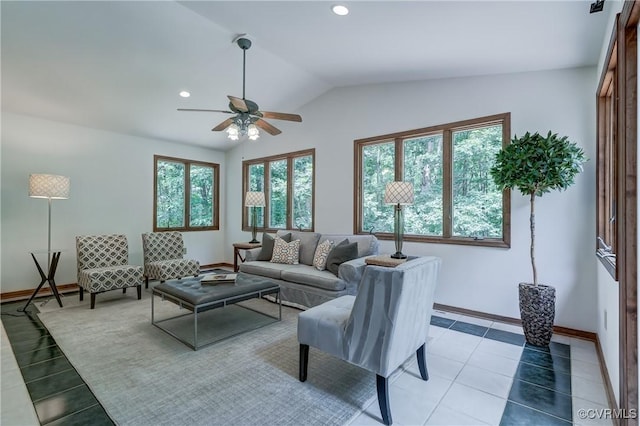 15368 W Fork Dr, Glen Allen, VA 23059 - living room featuring a ceiling fan, lofted ceiling, tile patterned flooring, and recessed lighting