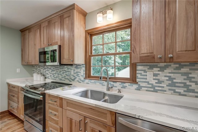 15368 W Fork Dr, Glen Allen, VA 23059 - kitchen with appliances with stainless steel finishes, backsplash, light wood-style flooring, and light stone counters