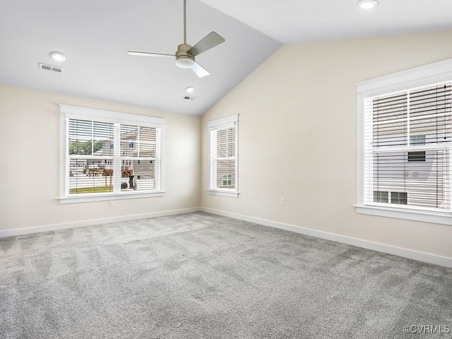 3216 Gannet Ln, Midlothian, VA 23112 - empty room with a ceiling fan, vaulted ceiling, carpet floors, and recessed lighting