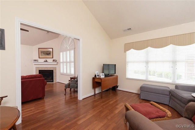 7314 Norwood Pond Pl, Chesterfield, VA 23112 - living area featuring vaulted ceiling, wood finished floors, and a fireplace
