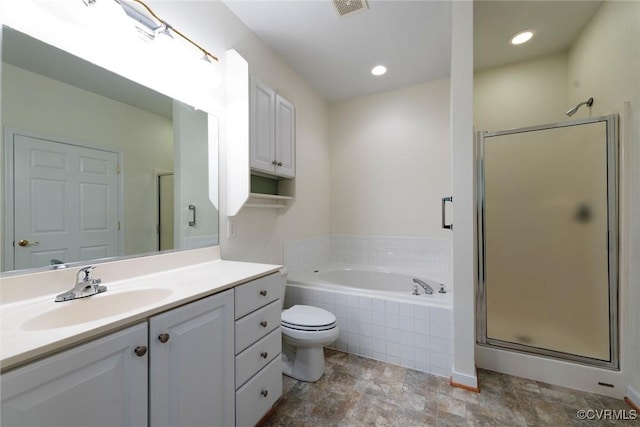 10504 Bishops Gate Dr, Glen Allen, VA 23059 - full bathroom with a bath, vanity, a stall shower, toilet, and stone finish flooring