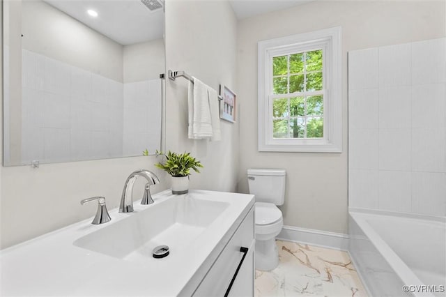 1004 W 45th St, Richmond, VA 23225 - full bathroom featuring marble look tile flooring, toilet, vanity, and baseboards