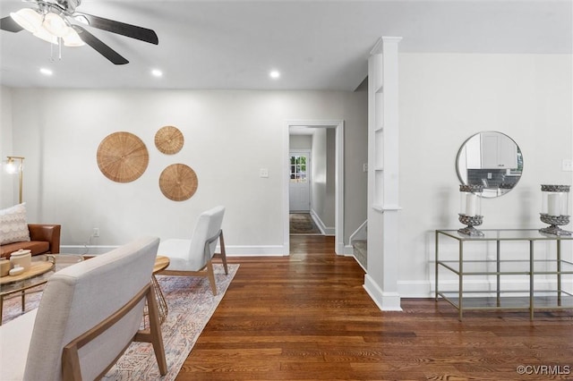 1004 W 45th St, Richmond, VA 23225 - living area featuring dark wood-style flooring, recessed lighting, a ceiling fan, and baseboards