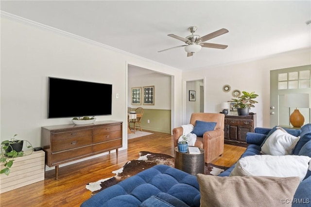 6405 Hagueman Dr, Richmond, VA 23225 - living room with ceiling fan, wood finished floors, ornamental molding, and baseboards