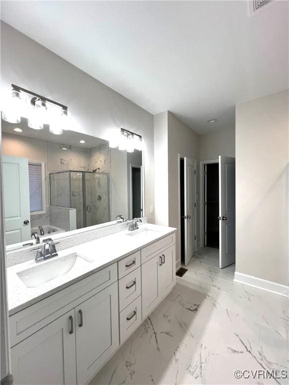 94 Dingley Rd, Montross, VA 22520 - full bath featuring a shower stall, baseboards, double vanity, and marble finish flooring