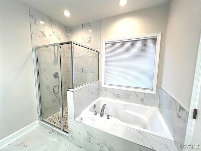 94 Dingley Rd, Montross, VA 22520 - bathroom featuring a marble finish shower, recessed lighting, a bath, marble look tiles, and baseboards