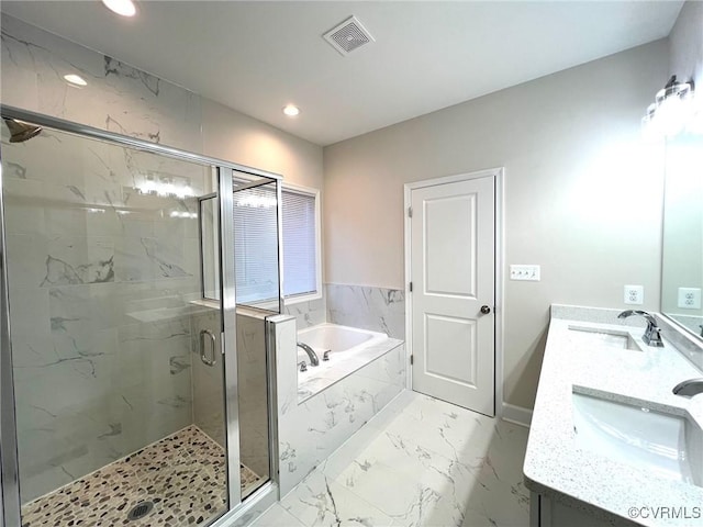 94 Dingley Rd, Montross, VA 22520 - full bathroom with a bath, a marble finish shower, marble finish flooring, double vanity, and recessed lighting