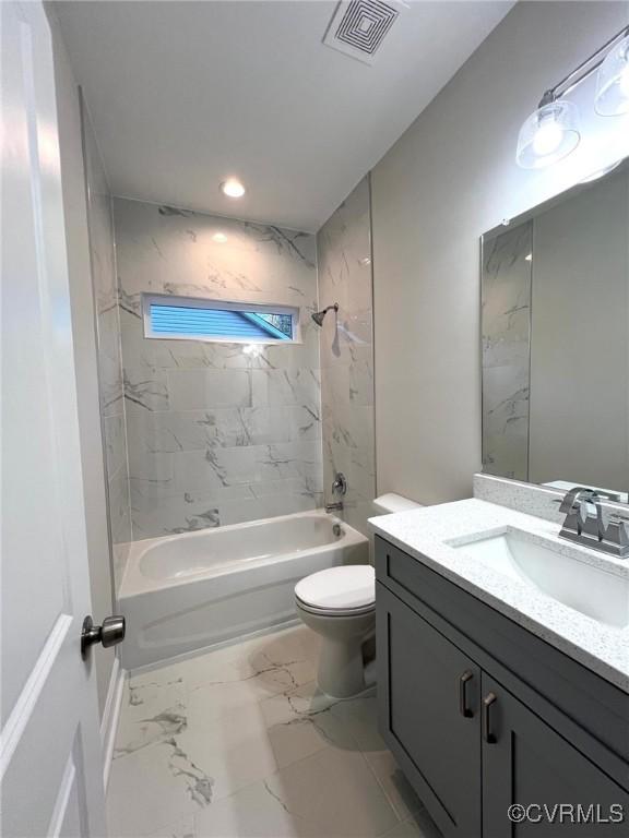 94 Dingley Rd, Montross, VA 22520 - full bathroom featuring vanity, toilet, bathtub / shower combination, marble finish flooring, and recessed lighting