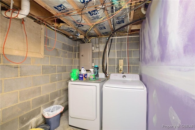 7486 Roaring Springs Rd, Gloucester, VA 23062 - laundry room with washer and clothes dryer, electric panel, and concrete block wall