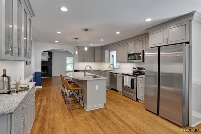 6216 Pine Slash Rd, Mechanicsville, VA 23116 - kitchen featuring stainless steel appliances, gray cabinetry, light stone counters, and recessed lighting