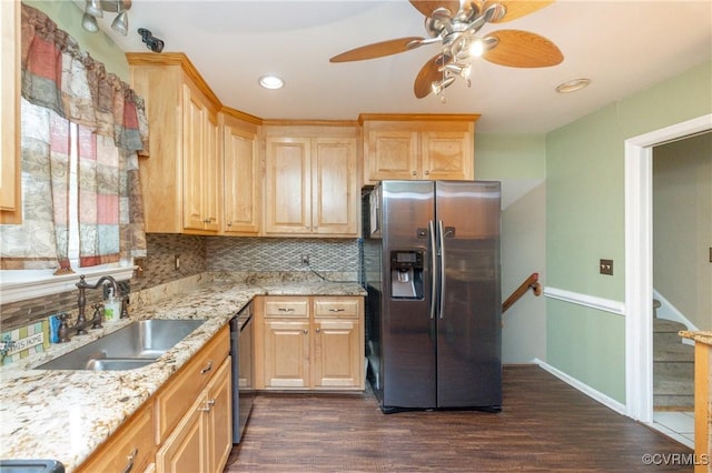 406 Windmere Dr, Colonial Heights, VA 23834 - kitchen with stainless steel refrigerator with ice dispenser, light brown cabinetry, backsplash, dark wood-type flooring, and recessed lighting