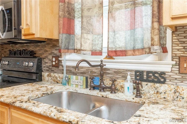 406 Windmere Dr, Colonial Heights, VA 23834 - kitchen featuring decorative backsplash, light brown cabinetry, black range with electric cooktop, and light stone counters
