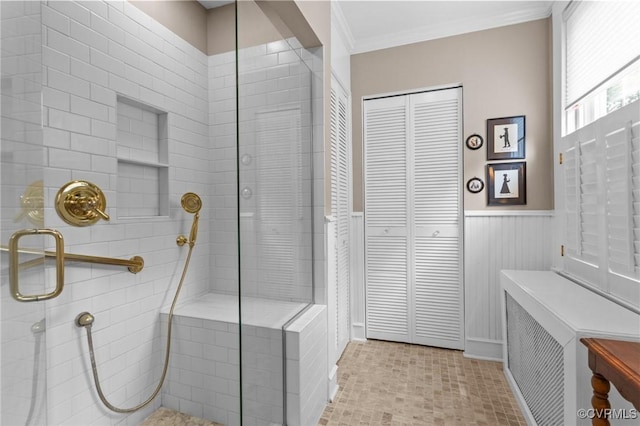 1520 Bellevue Ave, Richmond, VA 23227 - full bathroom with a closet, a shower stall, ornamental molding, and a wainscoted wall