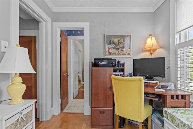 1520 Bellevue Ave, Richmond, VA 23227 - office area with wood finished floors, crown molding, and a textured wall