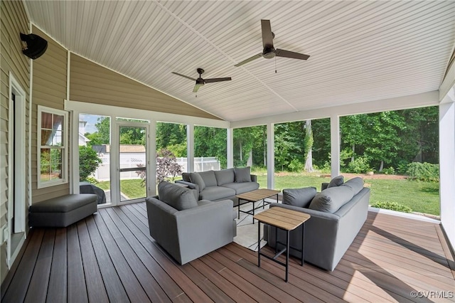 8390 Bink Pl, Mechanicsville, VA 23111 - sunroom / solarium featuring an outdoor living space, lofted ceiling, and a ceiling fan