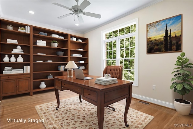 2017 Valley Springs Ct, Powhatan, VA 23139 - home office with ornamental molding, a ceiling fan, light wood-style floors, and recessed lighting