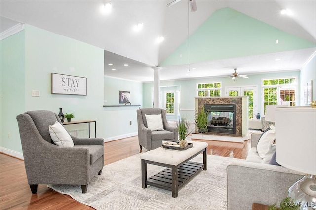 2017 Valley Springs Ct, Powhatan, VA 23139 - living area with ceiling fan, decorative columns, wood finished floors, recessed lighting, and high vaulted ceiling