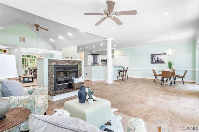 2017 Valley Springs Ct, Powhatan, VA 23139 - living room with ceiling fan, ornate columns, recessed lighting, a high end fireplace, and light tile patterned flooring