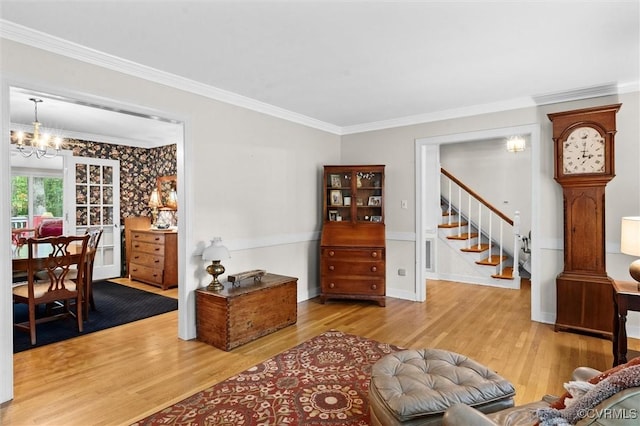 13211 Powderham Ln, Midlothian, VA 23113 - living room featuring a chandelier, crown molding, wood finished floors, and stairway
