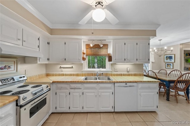 13211 Powderham Ln, Midlothian, VA 23113 - kitchen featuring white appliances, a sink, under cabinet range hood, white cabinets, and crown molding