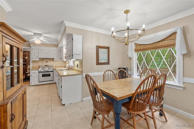 13211 Powderham Ln, Midlothian, VA 23113 - dining room with a chandelier, crown molding, light tile patterned floors, baseboards, and ceiling fan