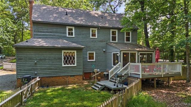 13211 Powderham Ln, Midlothian, VA 23113 - rear view of property with a wooden deck, a shingled roof, a chimney, and a sunroom