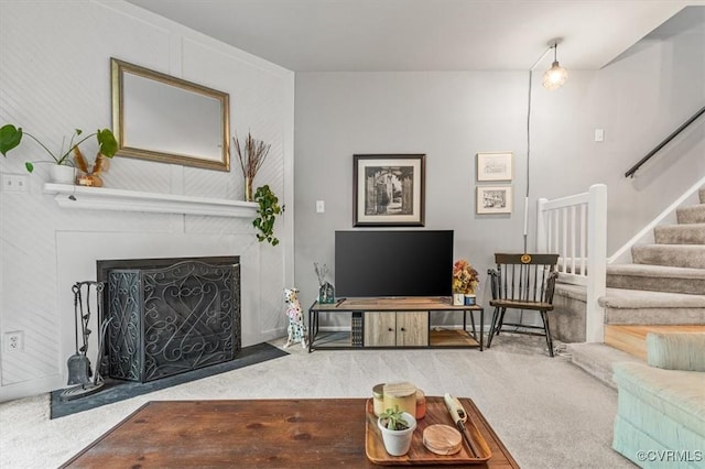 2990 Woodbridge Crossing Dr, Midlothian, VA 23112 - living area with stairway, a fireplace with flush hearth, and carpet