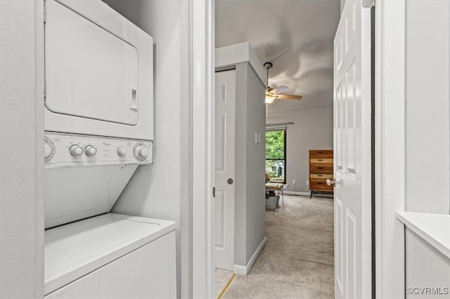 2990 Woodbridge Crossing Dr, Midlothian, VA 23112 - washroom with stacked washer / dryer, light carpet, and ceiling fan