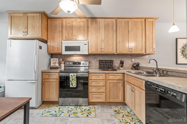 2990 Woodbridge Crossing Dr, Midlothian, VA 23112 - kitchen featuring white appliances, light brown cabinets, tasteful backsplash, and ceiling fan